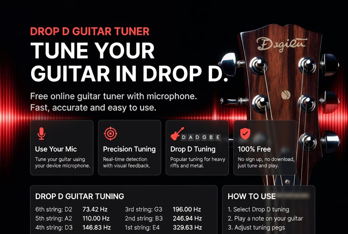 Guitar Tuner for Drop D for tuning guitar to D A D G B E with microphone, notes, and step-by-step tuning instructions"